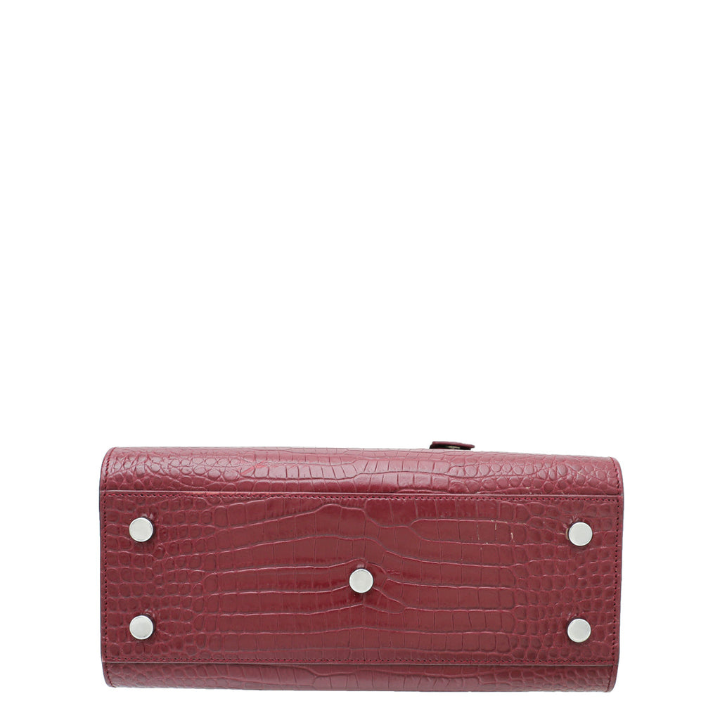 YSL Burgundy Baby Croc Embossed Sac De Jour Bag