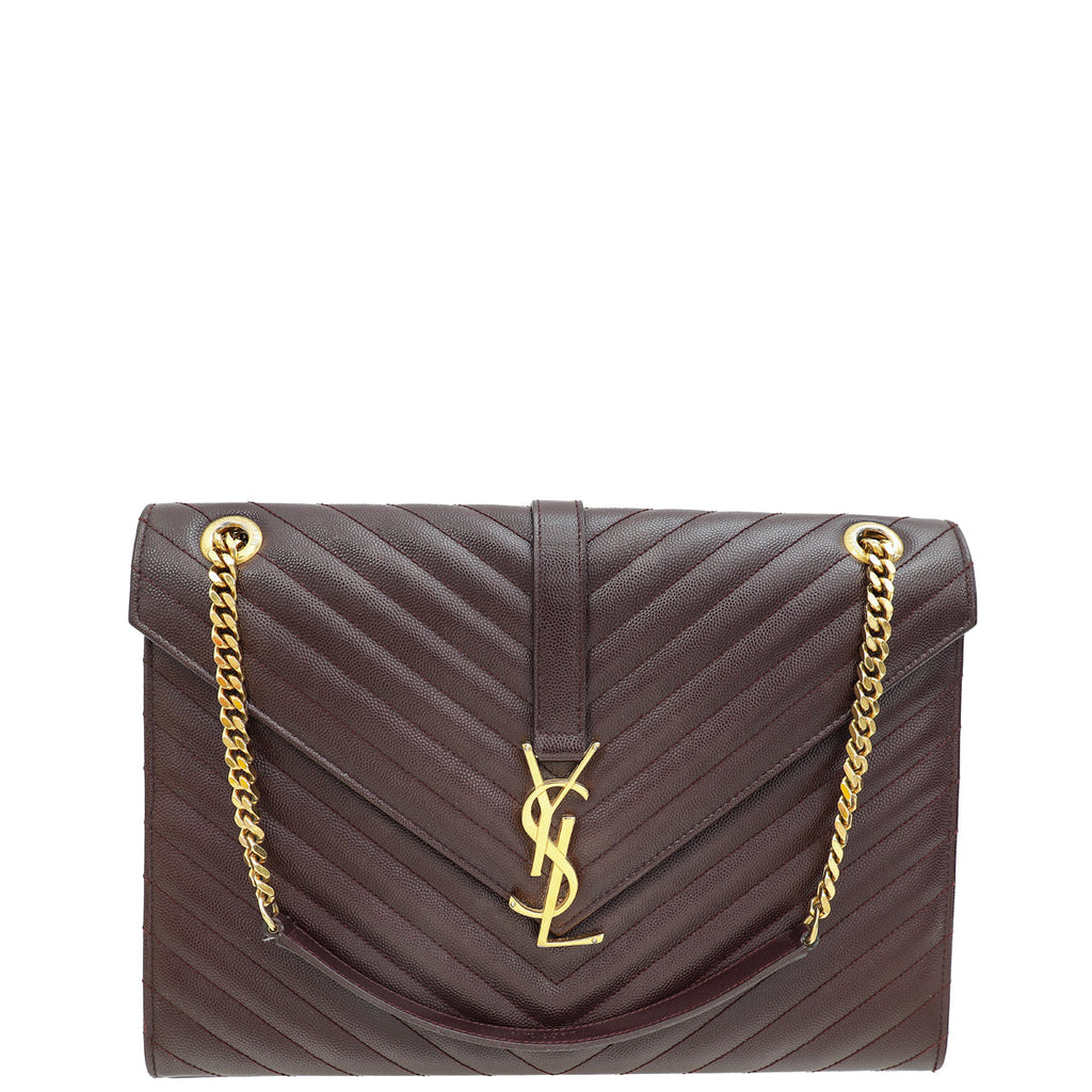 YSL Burgundy Monogram Chevron Envelope Large Satchel Bag