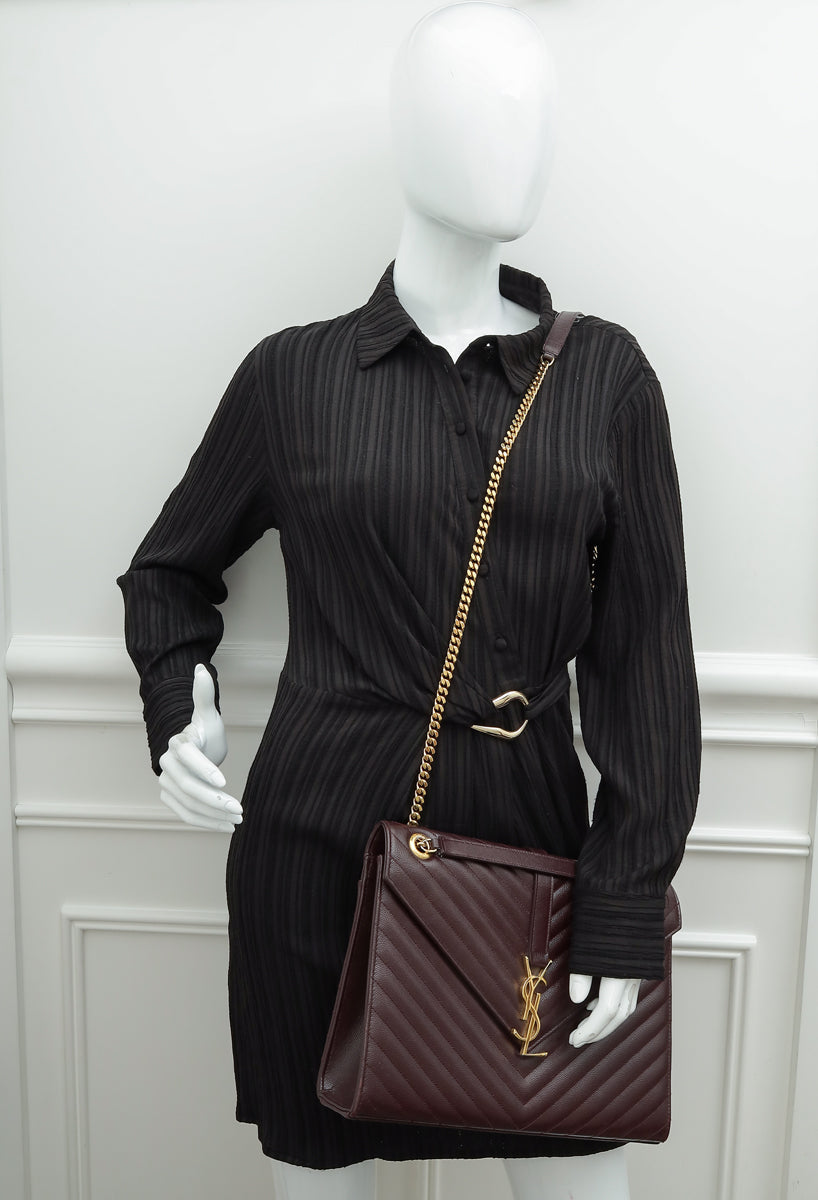 YSL Burgundy Monogram Chevron Envelope Large Satchel Bag