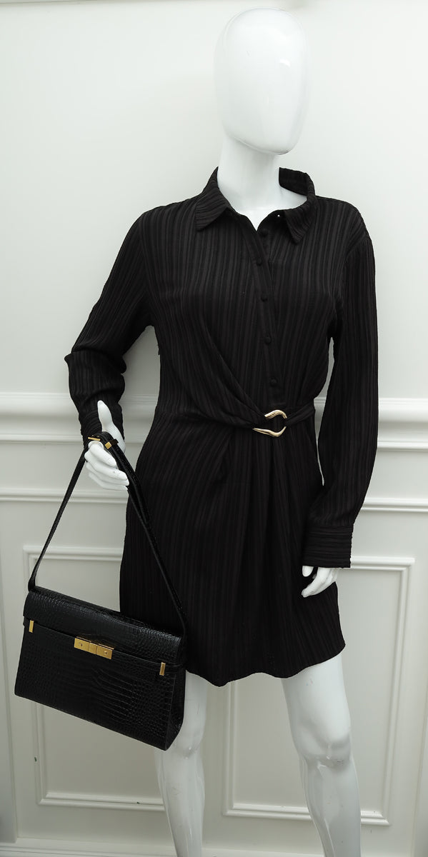 YSL Black Croco Embossed Manhattan Medium Shoulder Bag