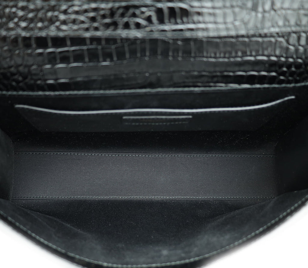 YSL Black Croco Embossed Manhattan Medium Shoulder Bag