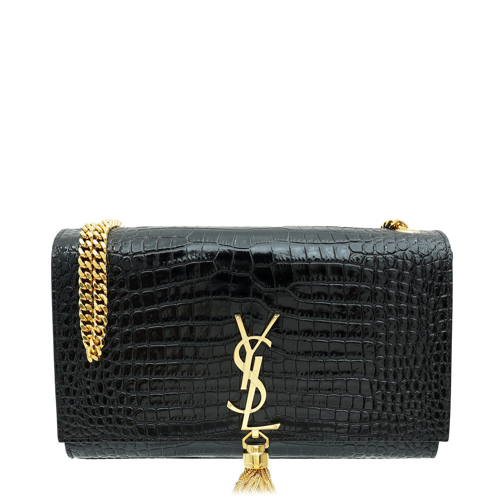 YSL Black Kate Tassel Croco Embossed Medium Bag