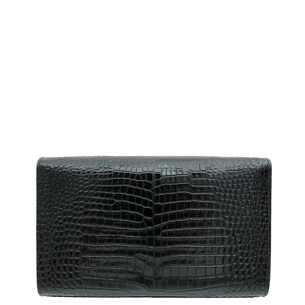 YSL Black Kate Tassel Croco Embossed Medium Bag