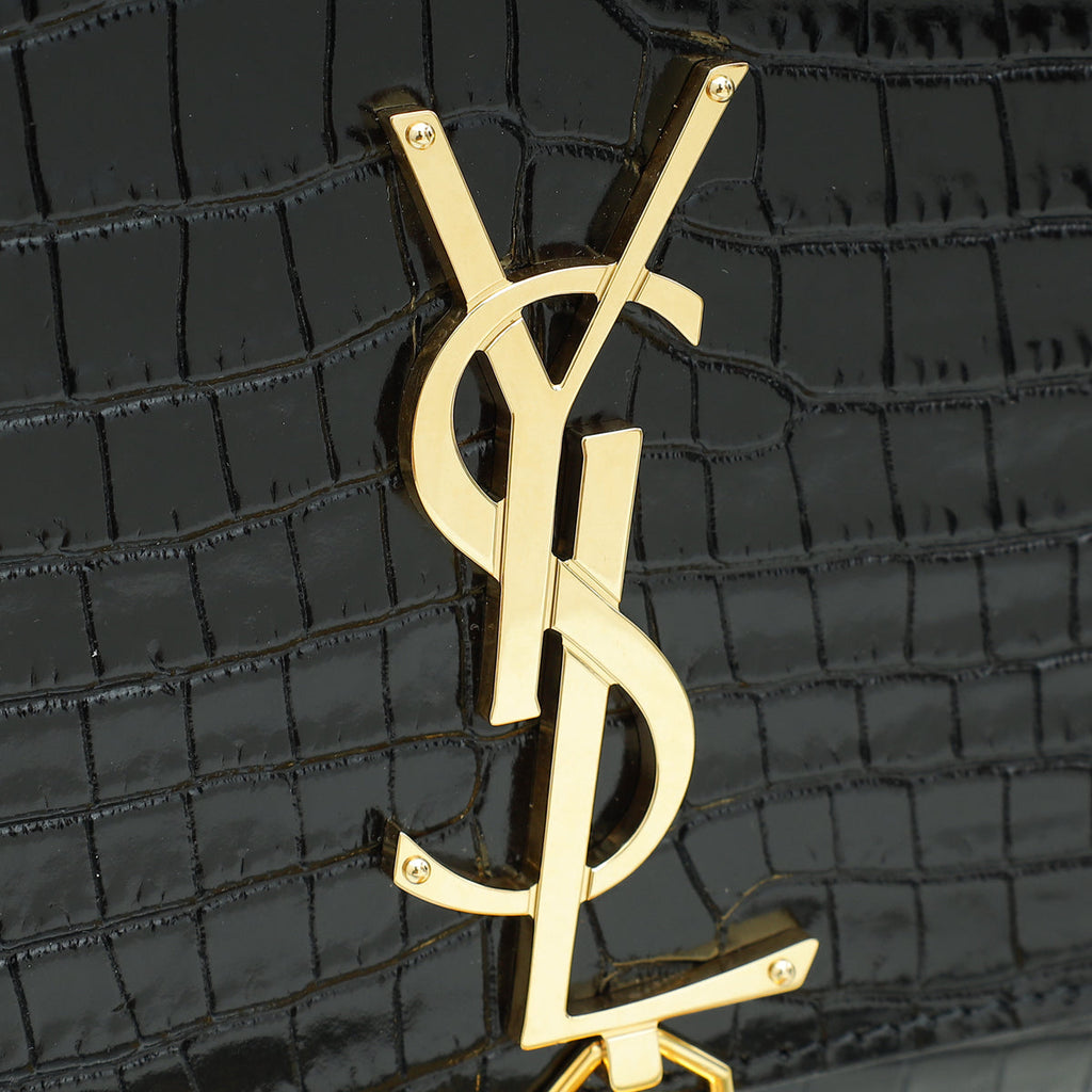 YSL Black Kate Tassel Croco Embossed Medium Bag