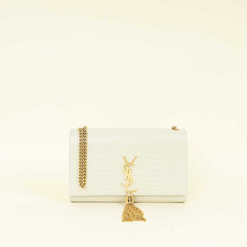 YSL Blanc Vintage Kate Tassel Croc Embossed Medium Shoulder Bag