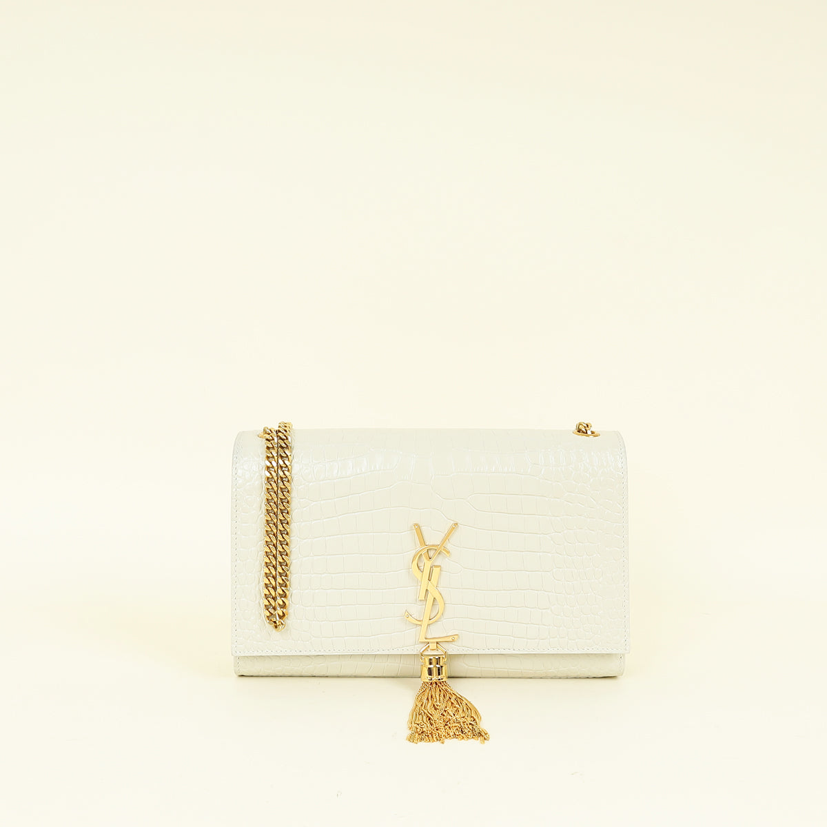YSL Blanc Vintage Kate Tassel Croc Embossed Medium Shoulder Bag