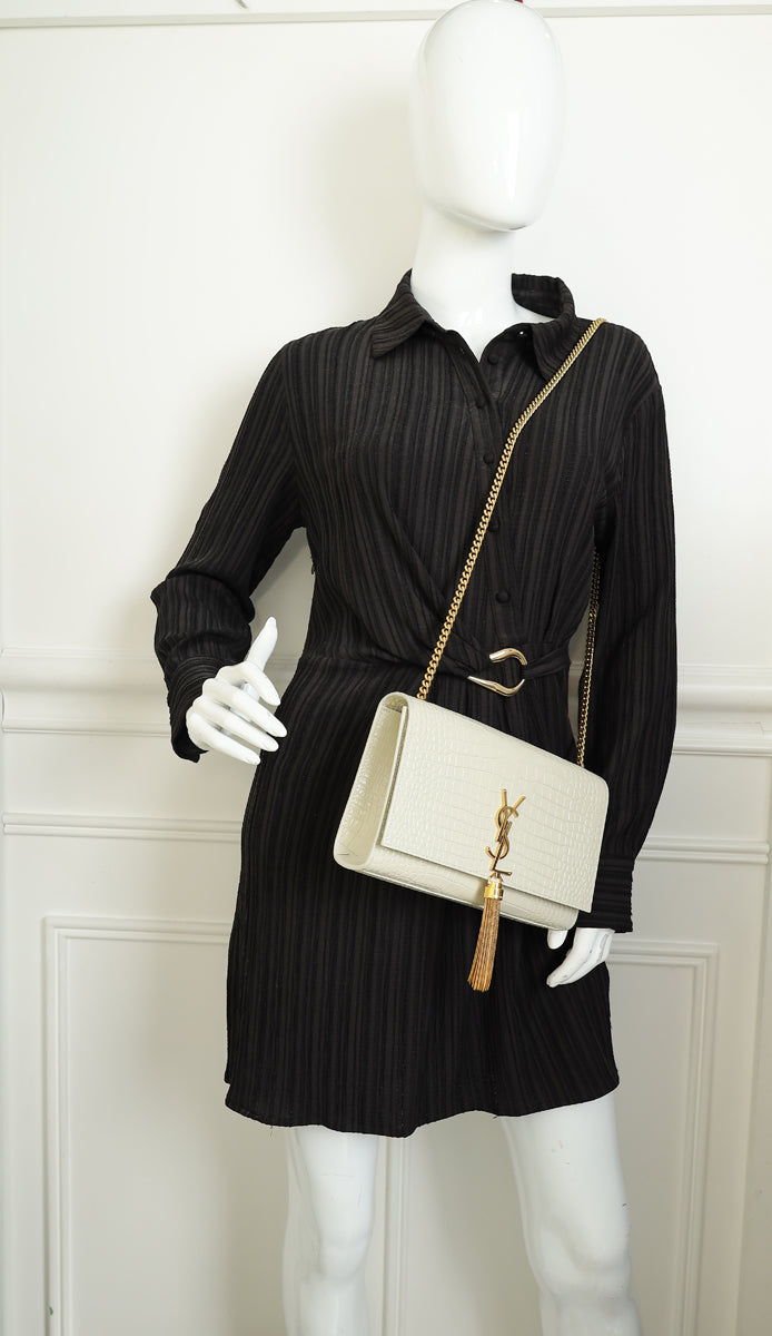 YSL Blanc Vintage Kate Tassel Croc Embossed Medium Shoulder Bag
