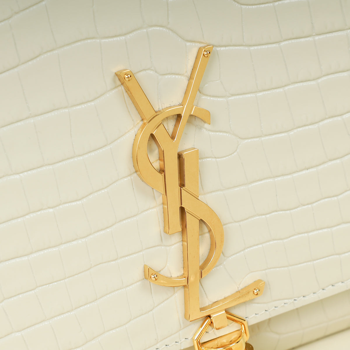 YSL Blanc Vintage Kate Tassel Croc Embossed Medium Shoulder Bag