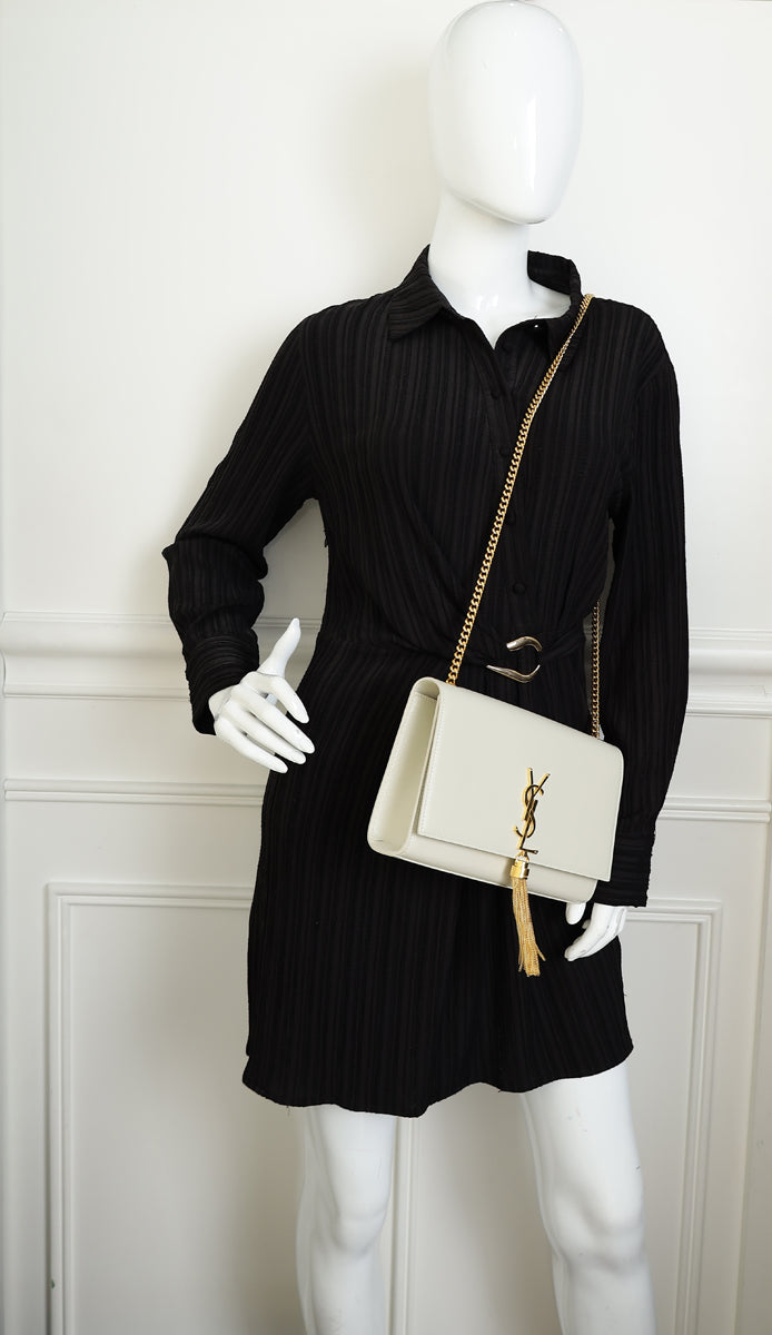 YSL Blanc Vintage Kate Tassel Flap Medium Shoulder Bag