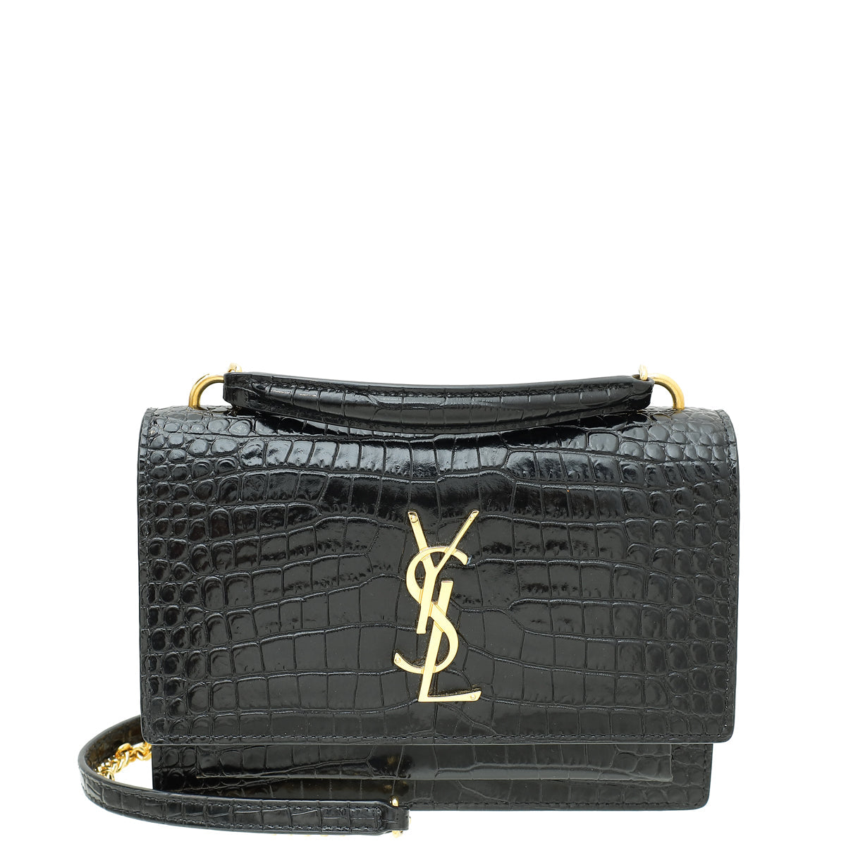 YSL Black Croco Embossed Sunset Wallet on Chain