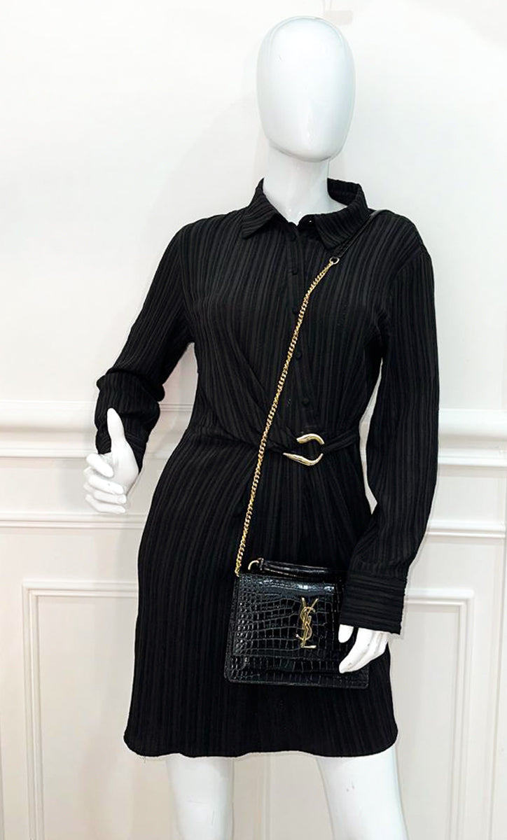 YSL Black Croco Embossed Sunset Wallet on Chain