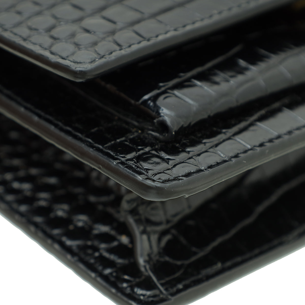 YSL Black Croco Embossed Sunset Wallet on Chain
