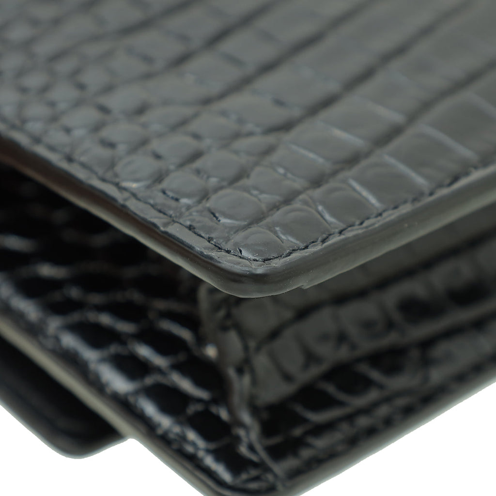 YSL Black Croco Embossed Sunset Wallet on Chain