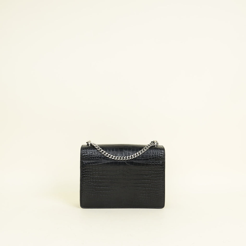YSL Black Sunset Croco Embossed Medium Bag