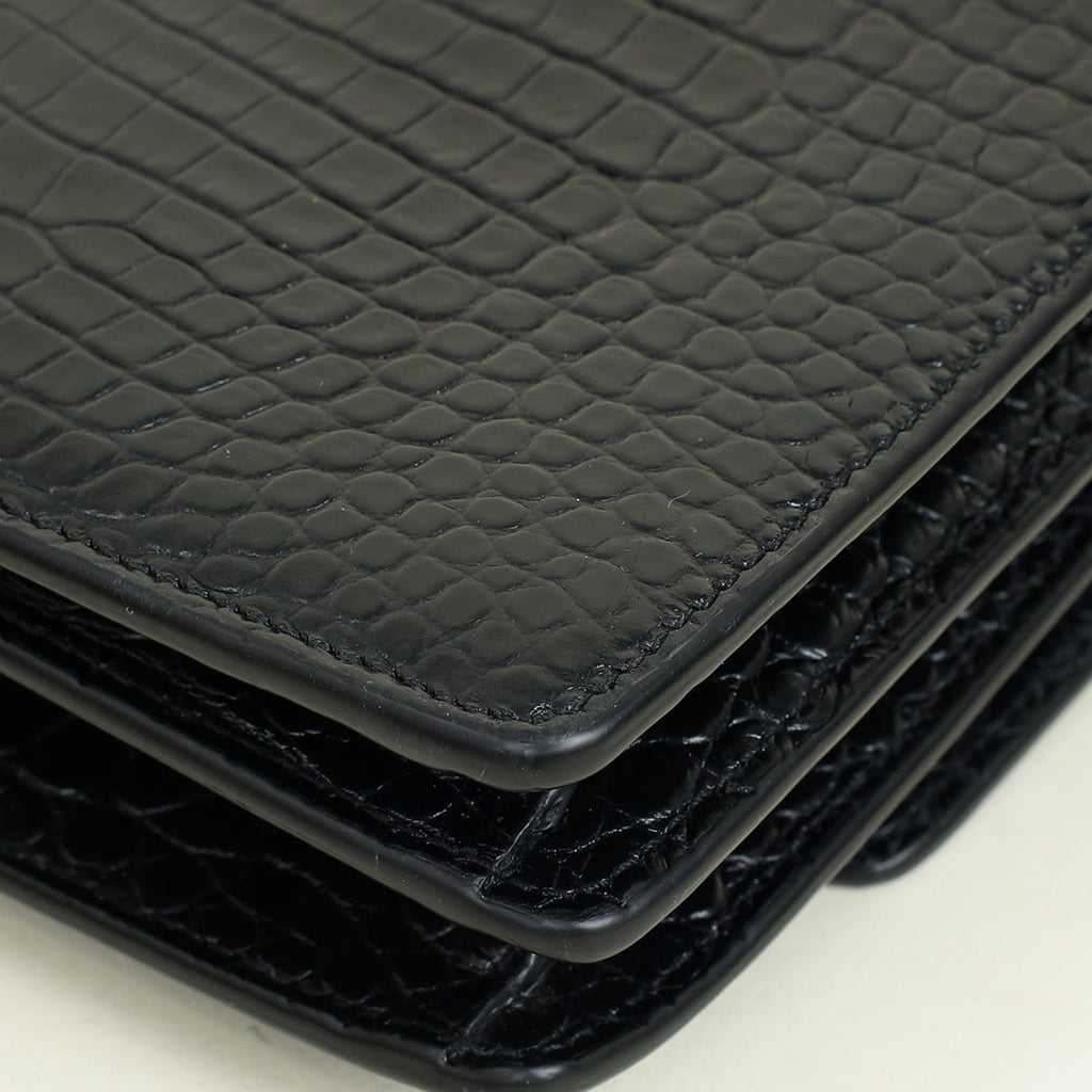 YSL Black Sunset Croco Embossed Medium Bag