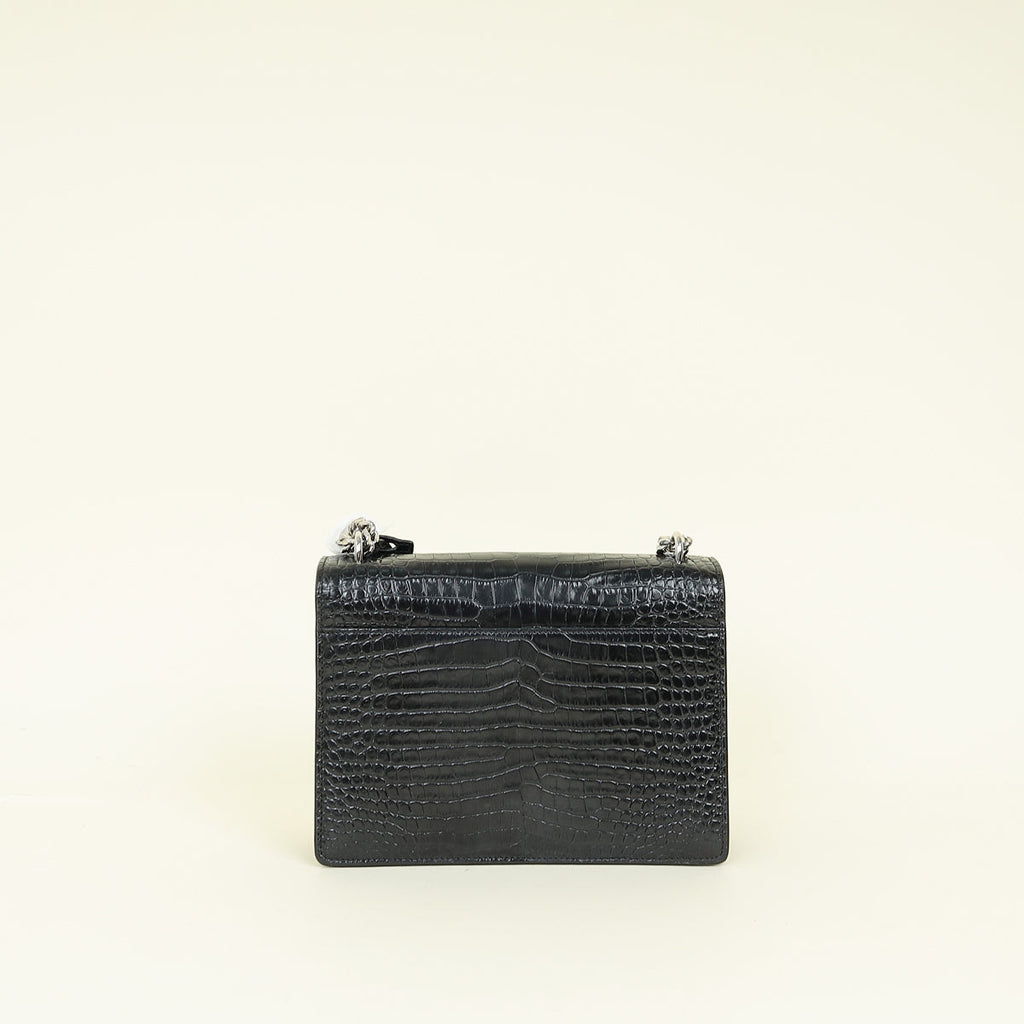 YSL Black Croco Embossed Sunset Chain Medium Shoulder Bag