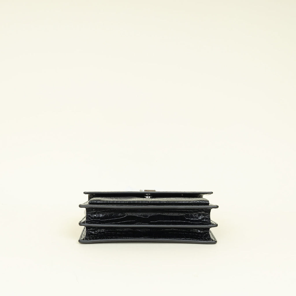 YSL Black Croco Embossed Sunset Chain Medium Shoulder Bag