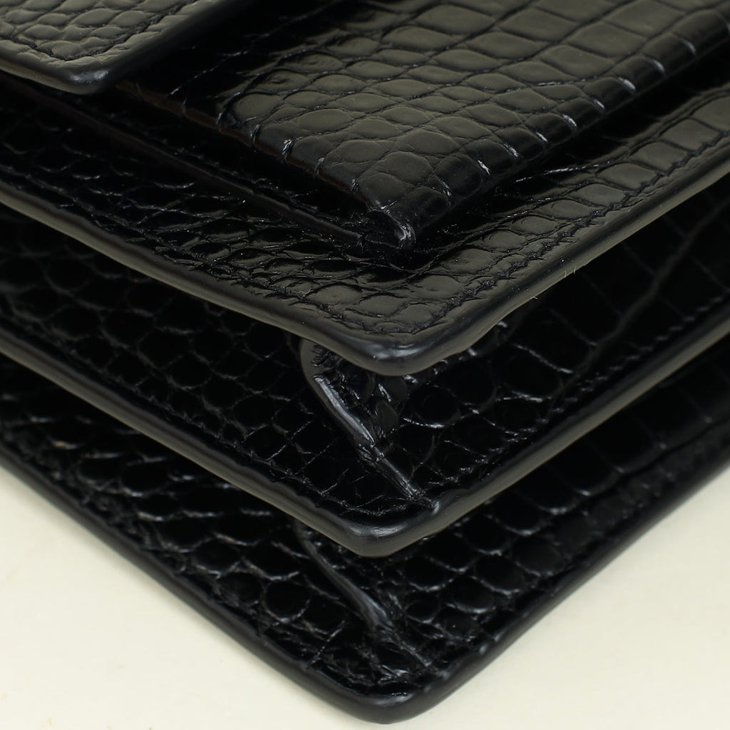 YSL Black Croco Embossed Sunset Chain Medium Shoulder Bag