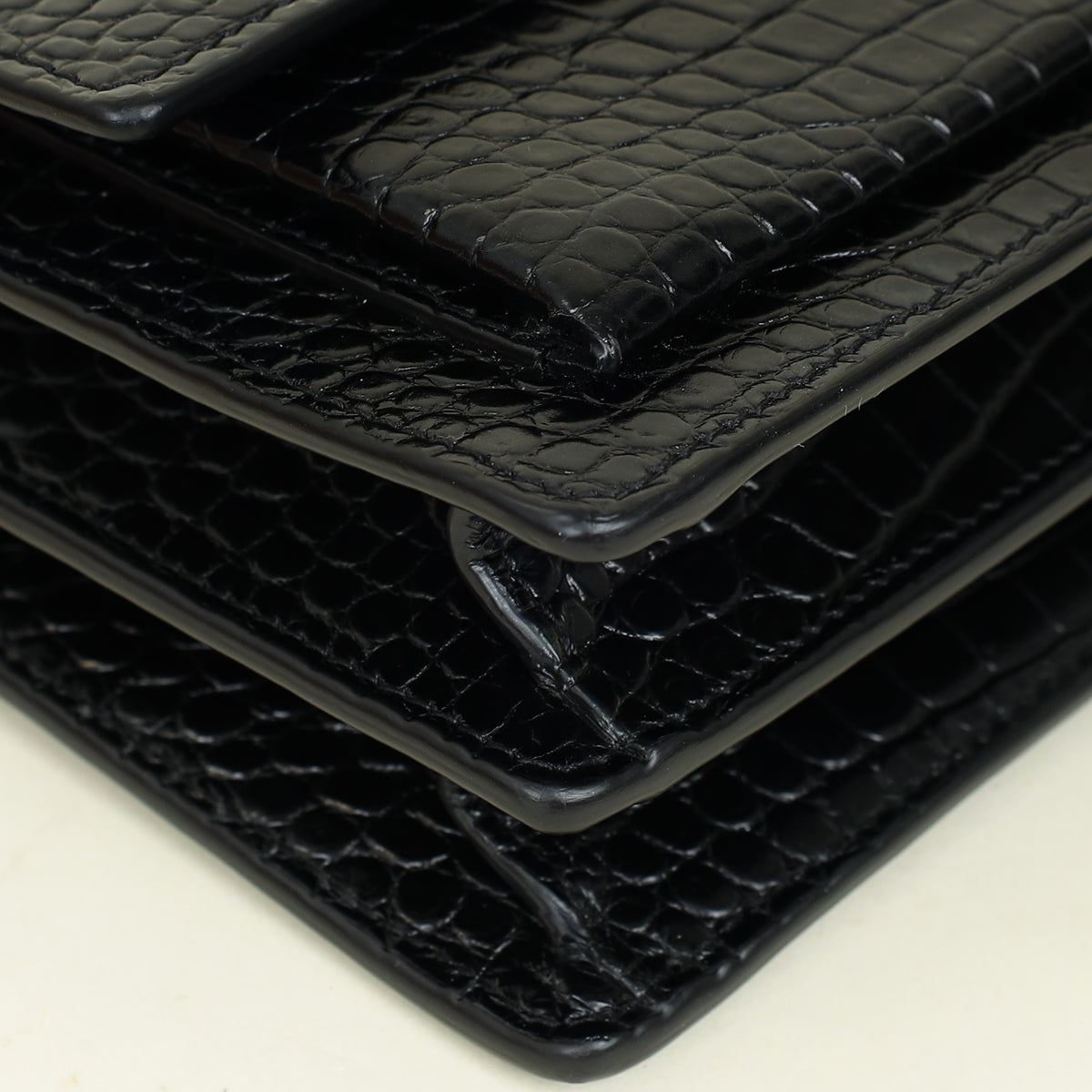YSL Black Croco Embossed Sunset Chain Medium Shoulder Bag