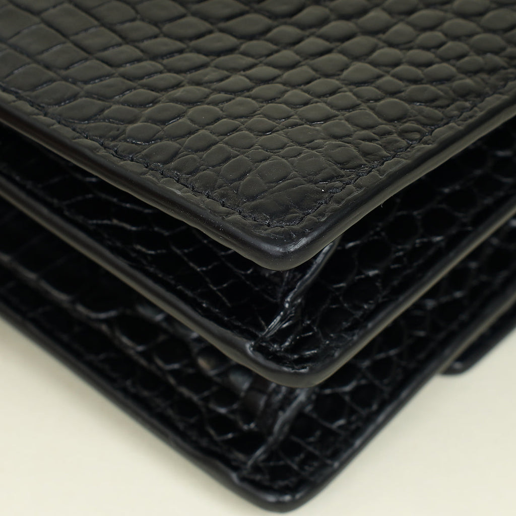 YSL Black Croco Embossed Sunset Chain Medium Shoulder Bag