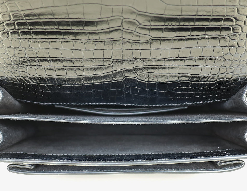 YSL Black Croco Embossed Sunset Chain Medium Shoulder Bag