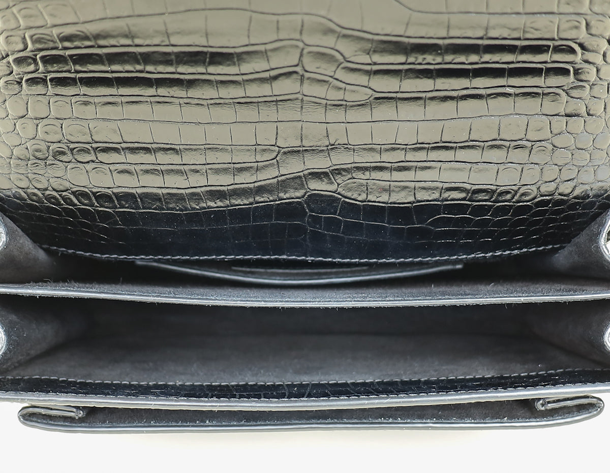 YSL Black Croco Embossed Sunset Chain Medium Shoulder Bag