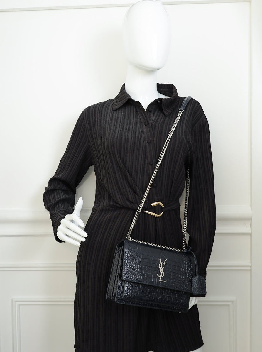 YSL Indigo Blue Croco Embossed Sunset Chain Medium Shoulder Bag