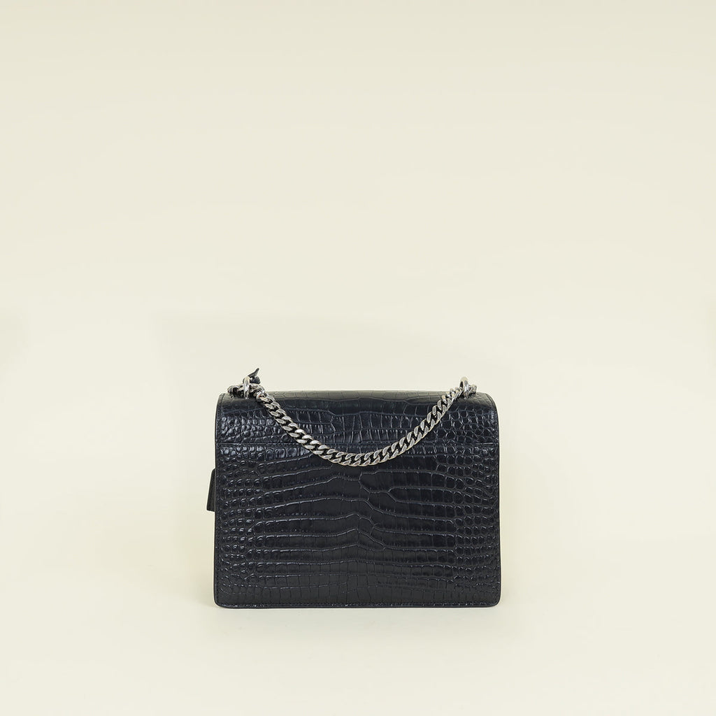 YSL Indigo Blue Croco Embossed Sunset Chain Medium Shoulder Bag