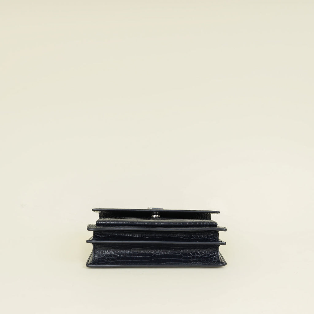 YSL Indigo Blue Croco Embossed Sunset Chain Medium Shoulder Bag