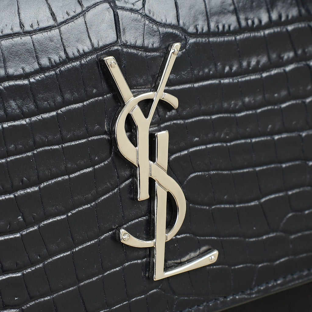YSL Indigo Blue Croco Embossed Sunset Chain Medium Shoulder Bag