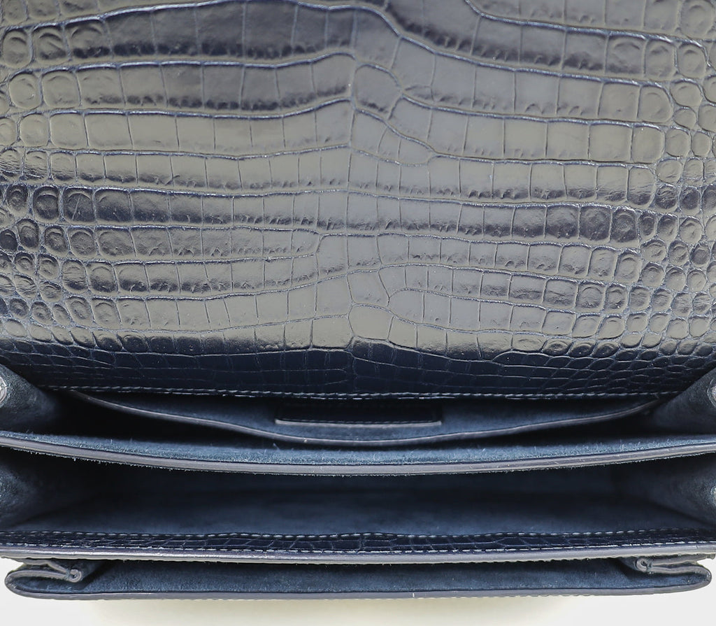 YSL Indigo Blue Croco Embossed Sunset Chain Medium Shoulder Bag