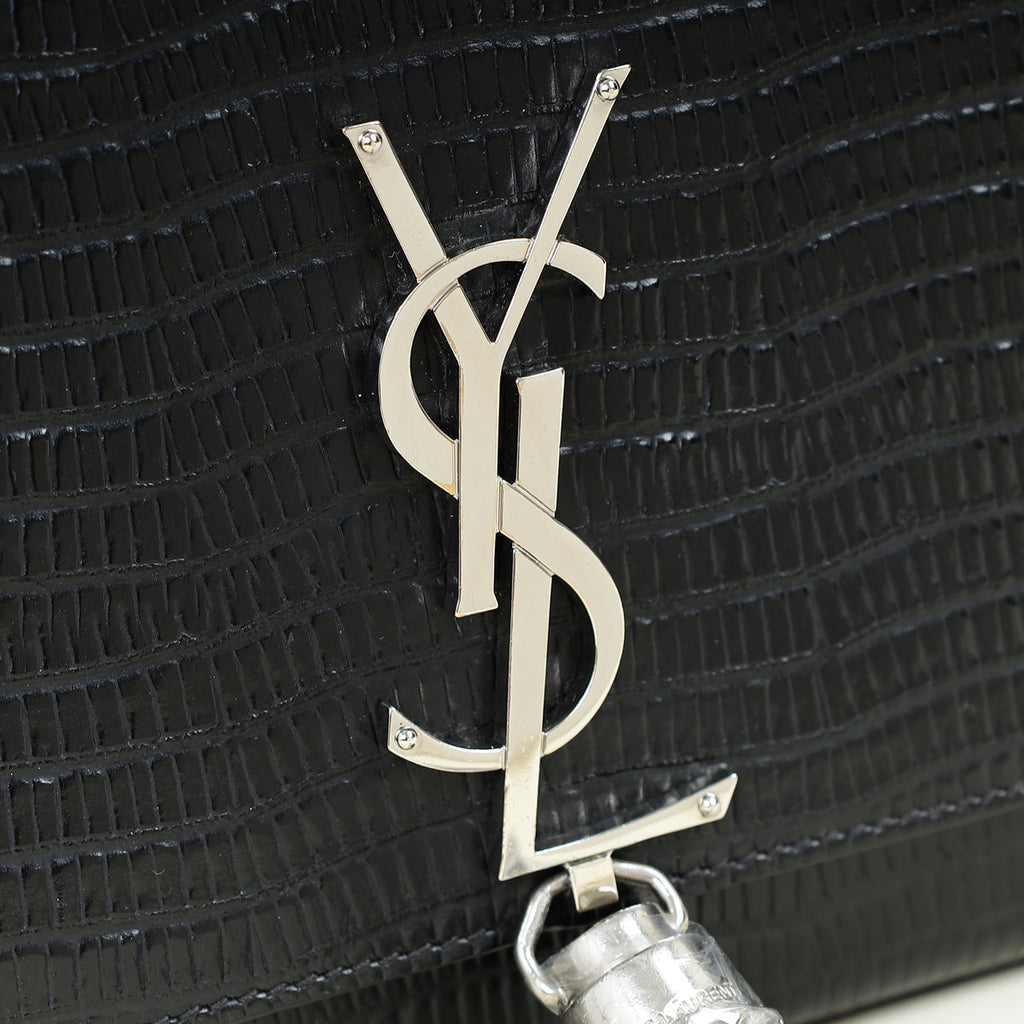 YSL Black Monogram Kate Tassel Lizard Embossed Medium Bag