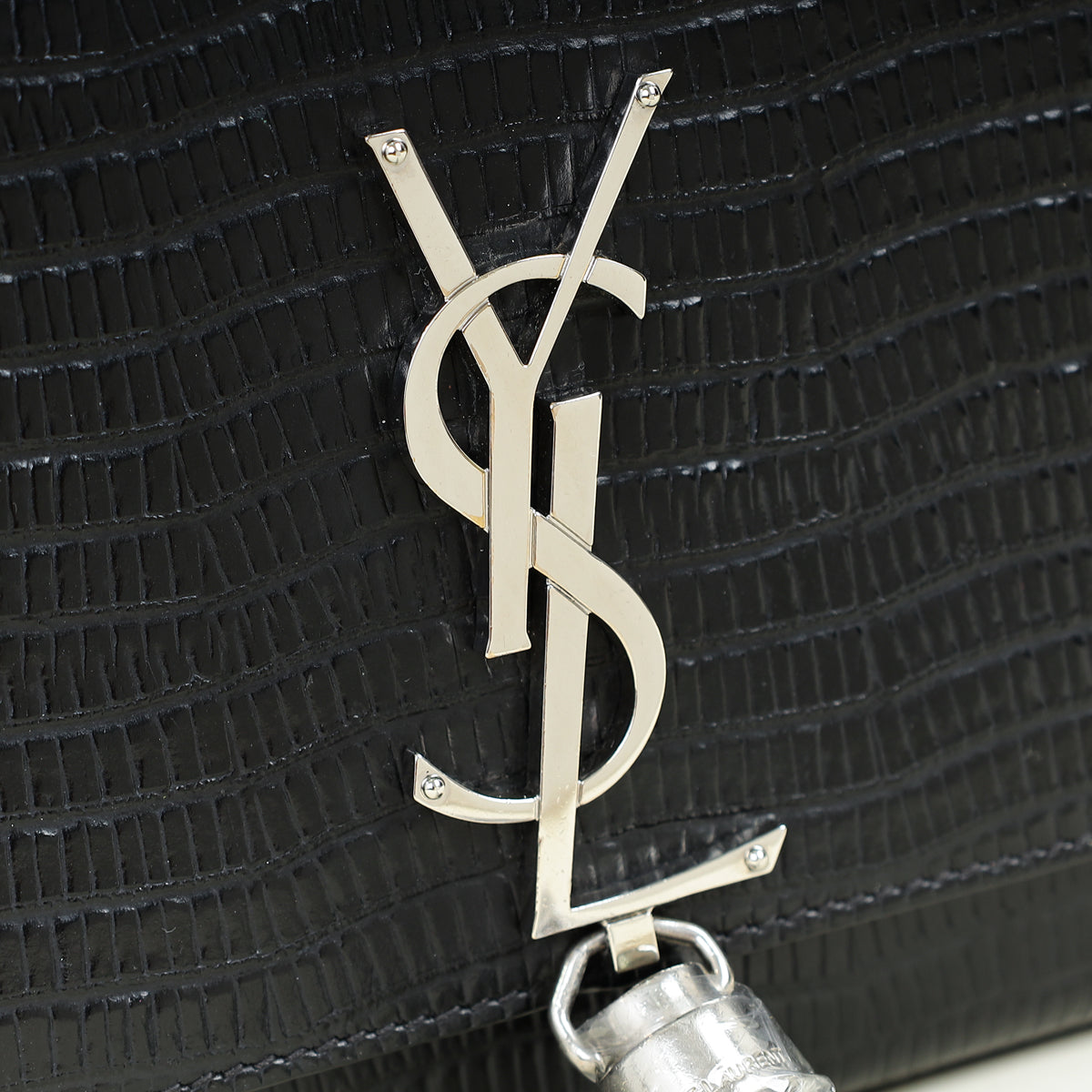 YSL Black Monogram Kate Tassel Lizard Embossed Medium Bag