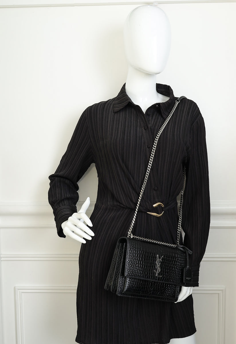 YSL Black Croco Embossed Sunset Medium Shoulder Bag