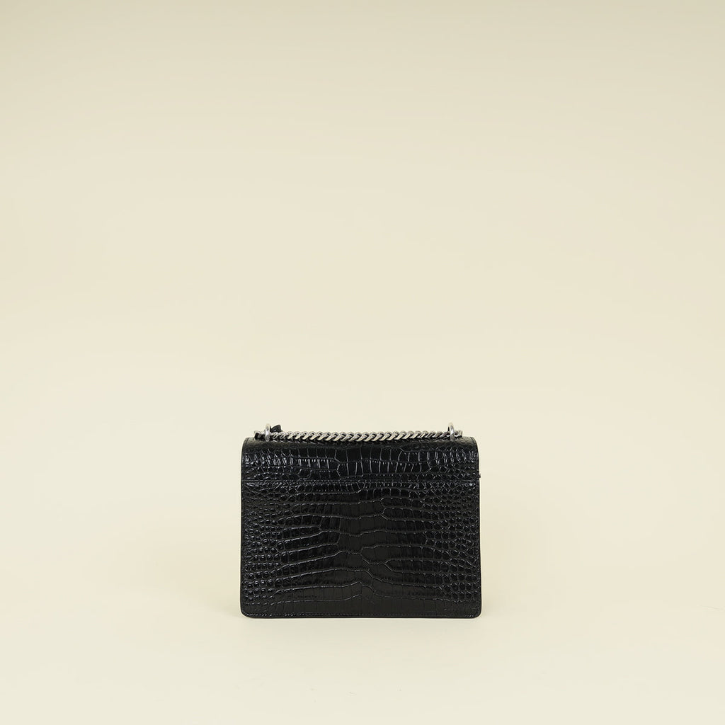 YSL Black Croco Embossed Sunset Medium Shoulder Bag
