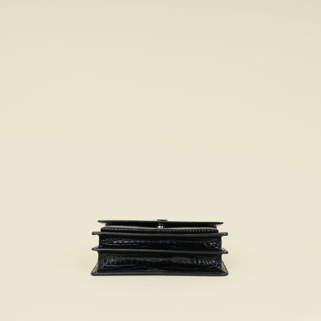 YSL Black Croco Embossed Sunset Medium Shoulder Bag