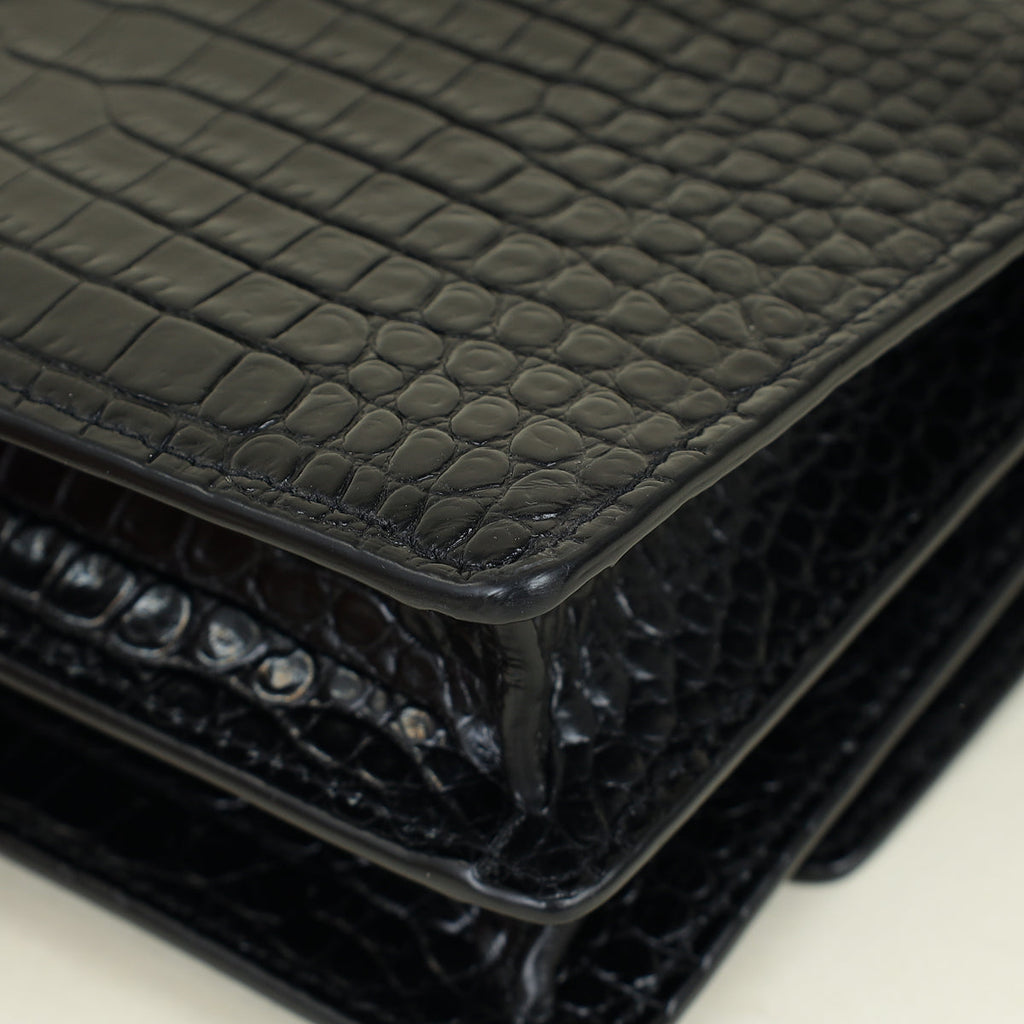 YSL Black Croco Embossed Sunset Medium Shoulder Bag