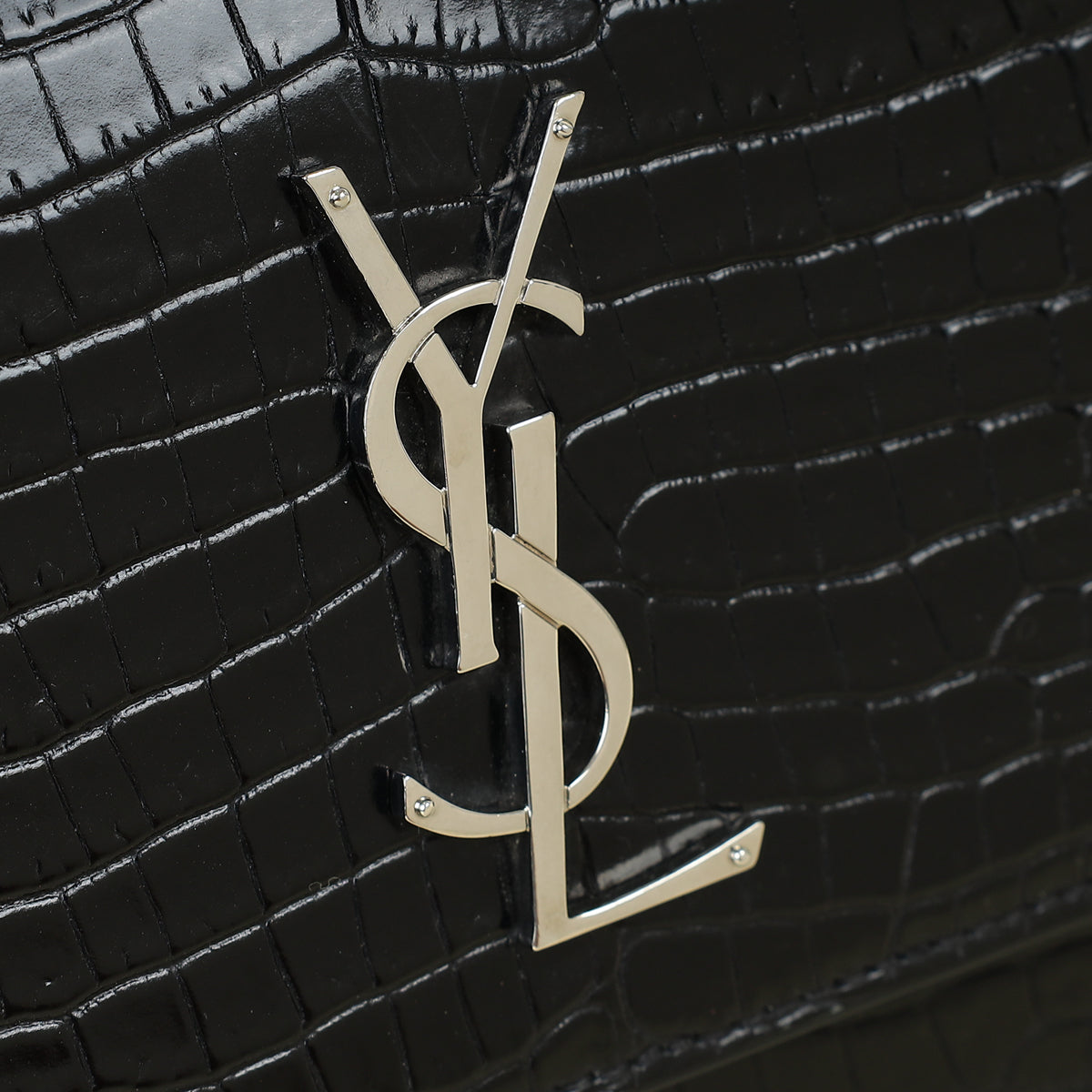 YSL Black Croco Embossed Sunset Medium Shoulder Bag