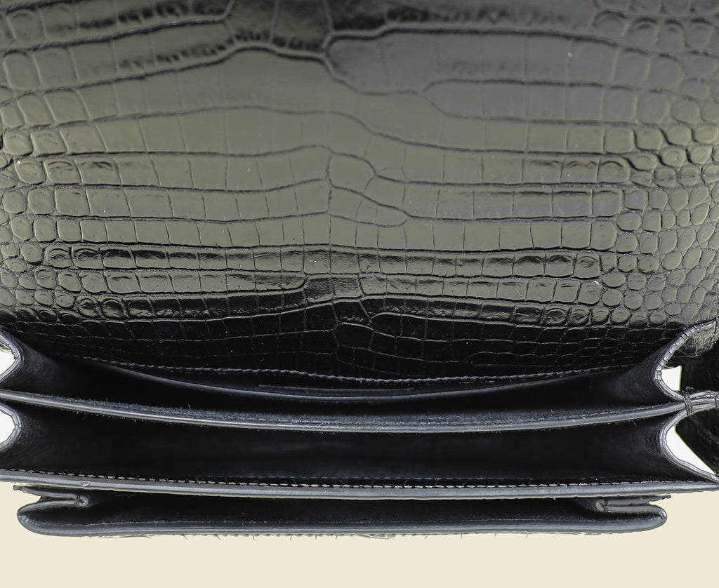 YSL Black Croco Embossed Sunset Medium Shoulder Bag