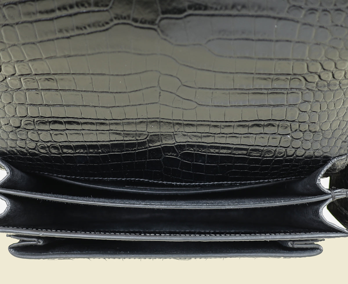 YSL Black Croco Embossed Sunset Medium Shoulder Bag