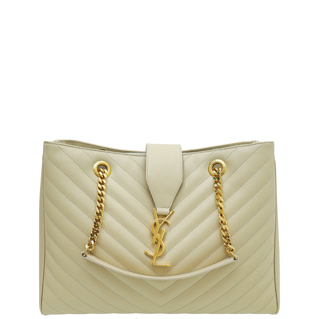 YSL Beige Monogram Chevron Large Shopper Bag