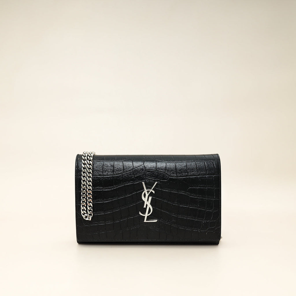 YSL Black Croco Embossed Monogram Kate Wallet On Chain