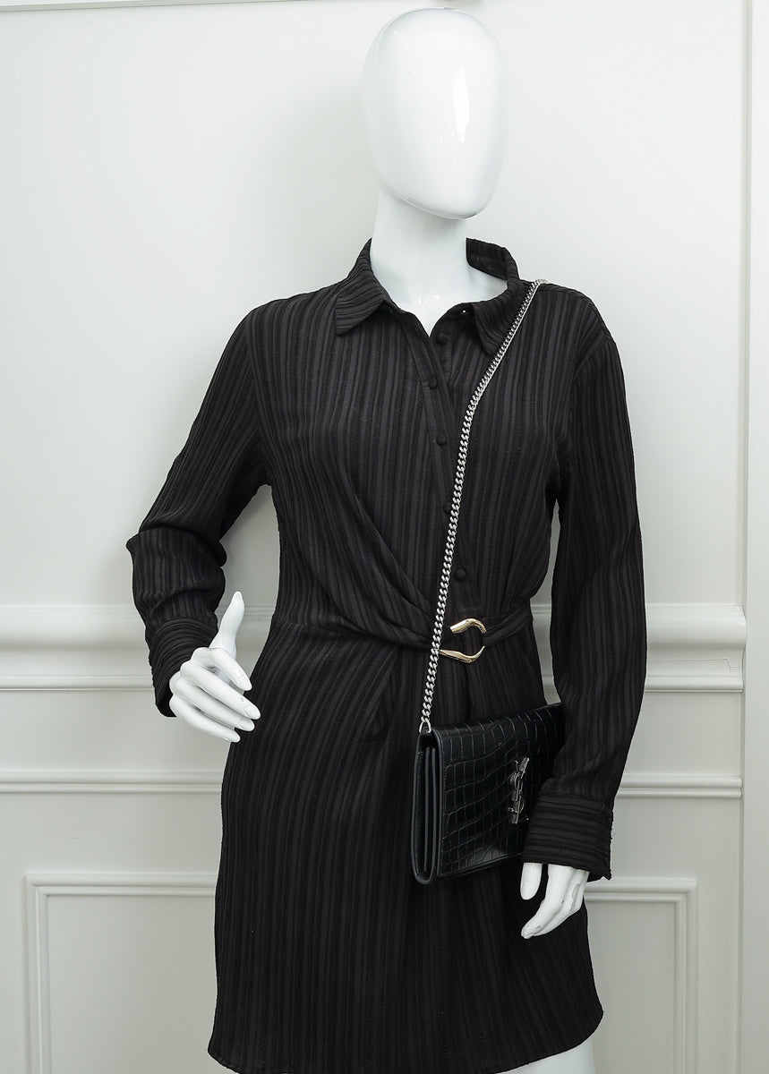 YSL Black Croco Embossed Monogram Kate Wallet On Chain