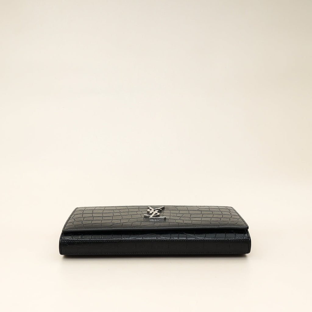 YSL Black Croco Embossed Monogram Kate Wallet On Chain