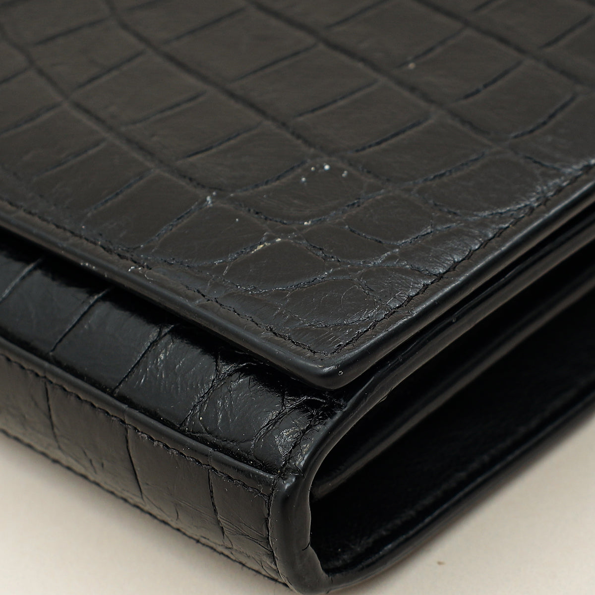 YSL Black Croco Embossed Monogram Kate Wallet On Chain