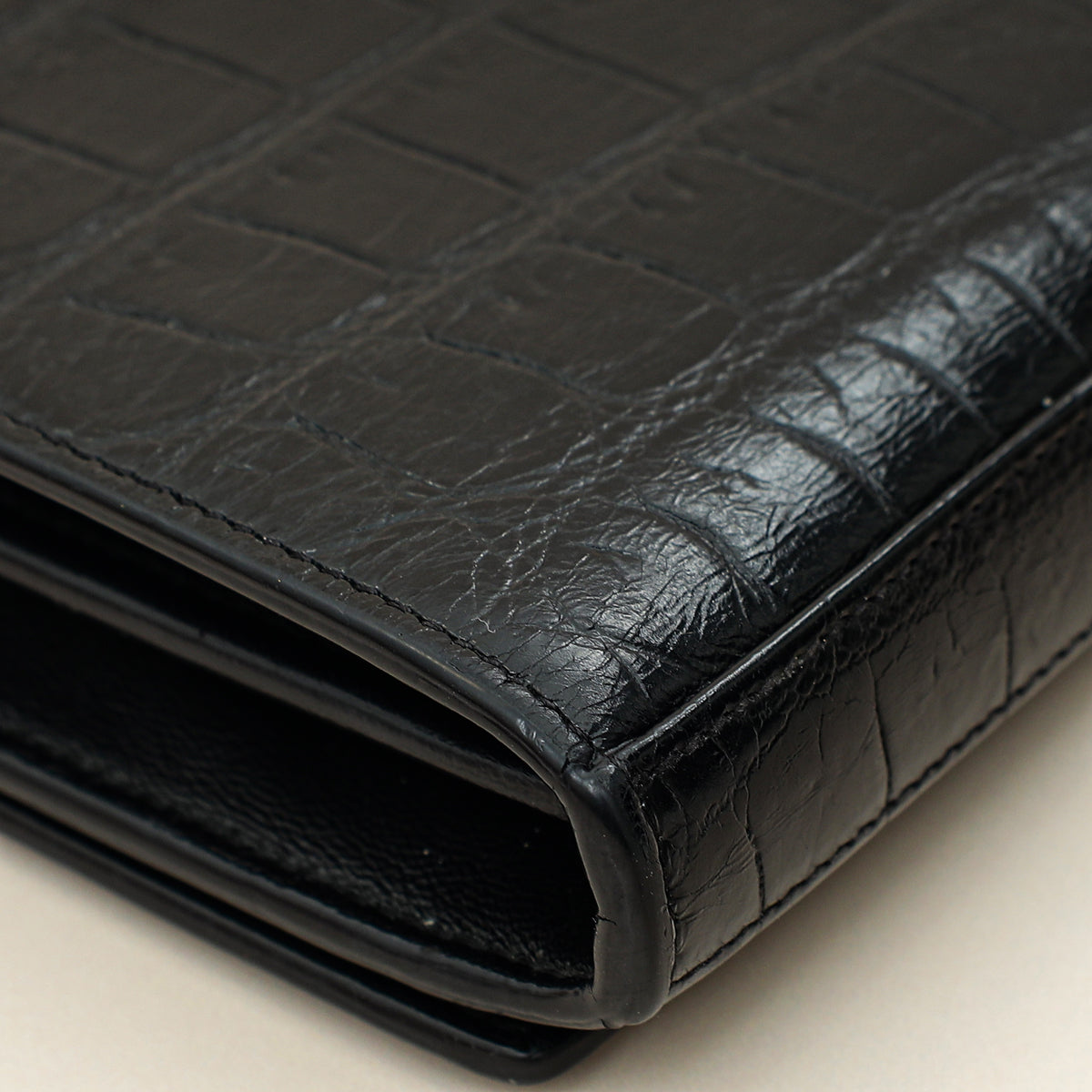 YSL Black Croco Embossed Monogram Kate Wallet On Chain
