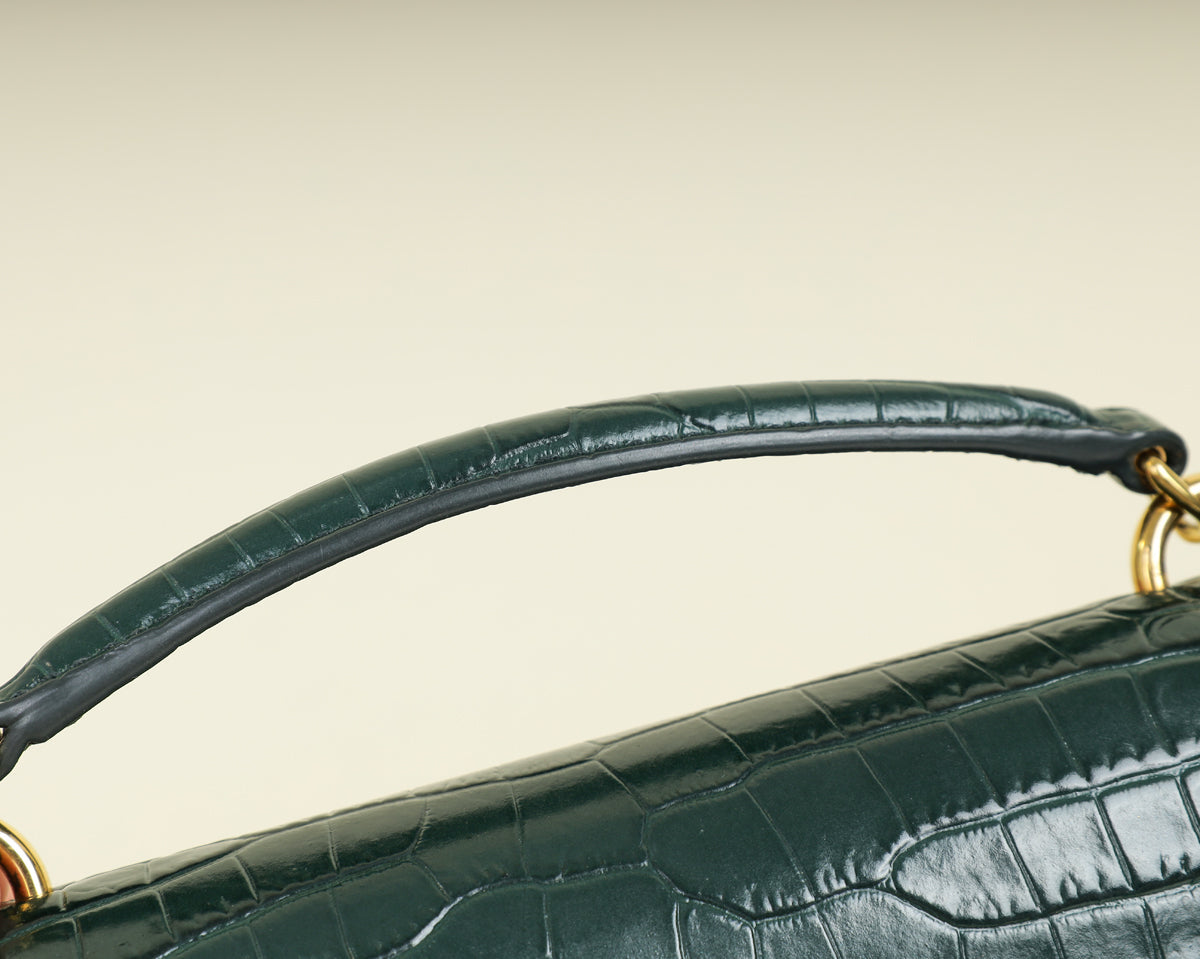 YSL Green Croco Embossed Sunset Wallet on Chain