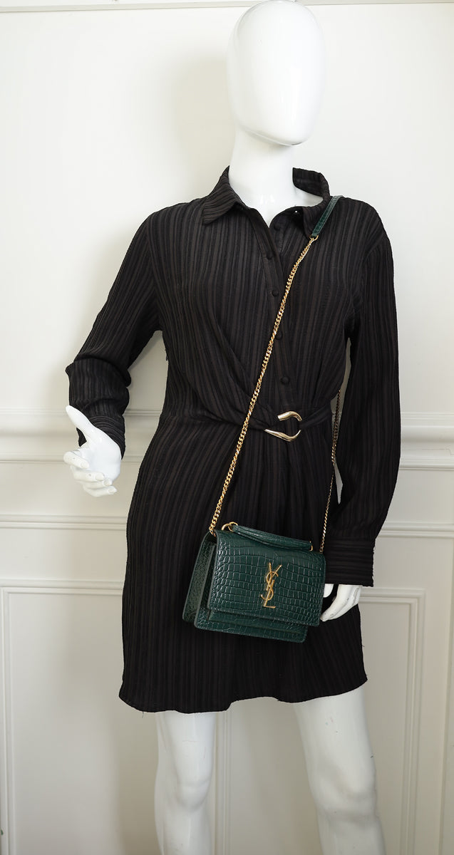 YSL Green Croco Embossed Sunset Wallet on Chain