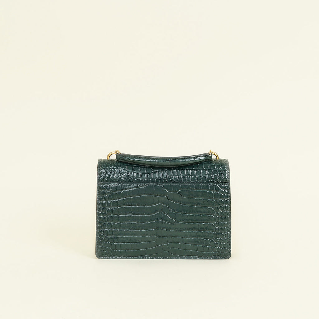 YSL Green Croco Embossed Sunset Wallet on Chain