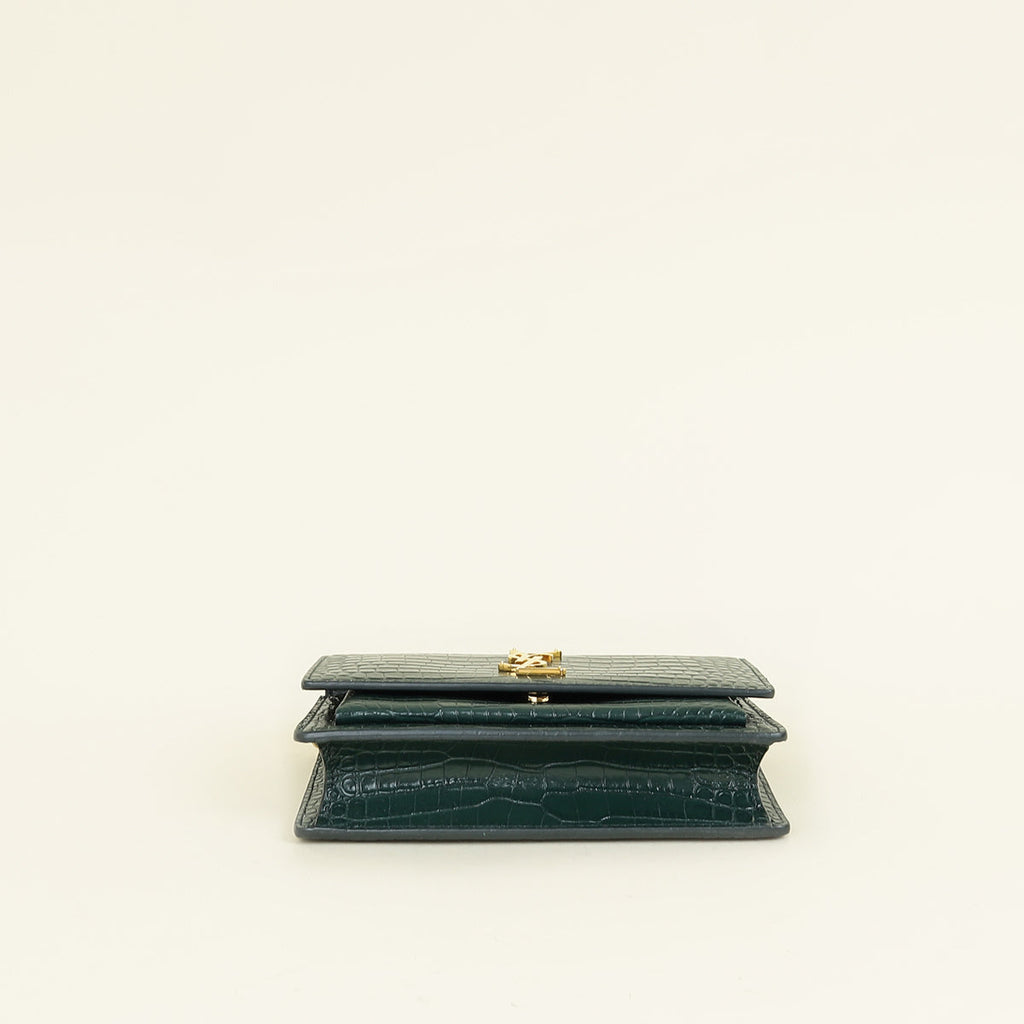 YSL Green Croco Embossed Sunset Wallet on Chain
